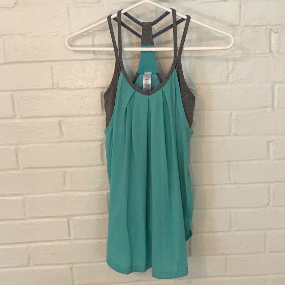 Ivivva Racerback Athletic Tank Top with shelf bra, blue and gray, EUC!